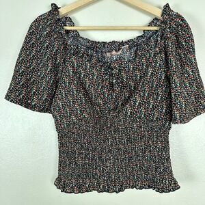 Willow & Root Women's Small Smocked Flutter Sleeve Top Black Floral NEW